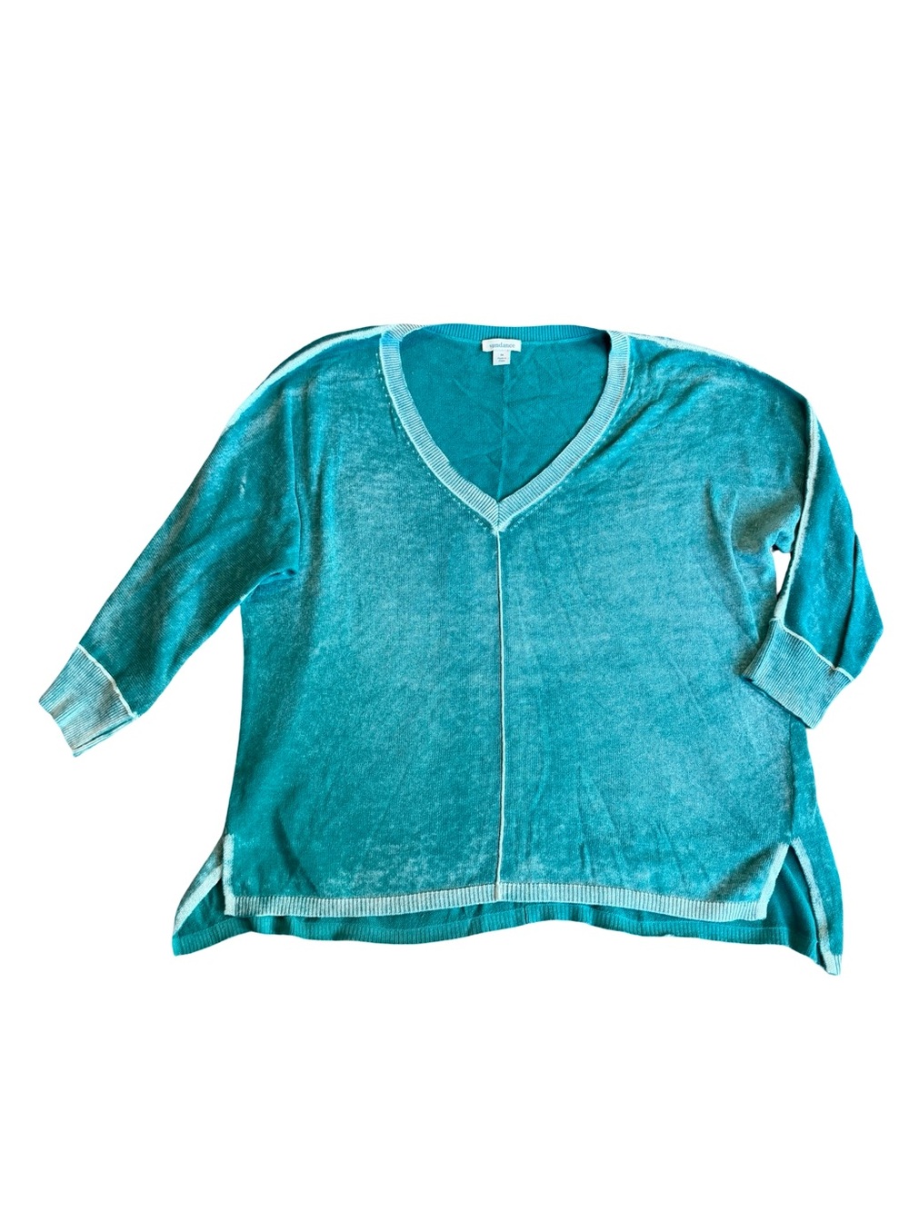 Sundance Teal Mint Trim V Neck Cotton Sweater Sleeve Oversized Medium Women's